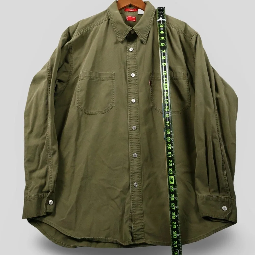 Vintage Levi's Shirt Mens L Red Tab Loose Fit Metal Button Army Green Denim‎ Y2K